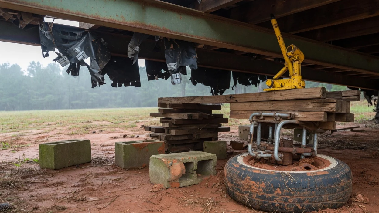 Steel frame of a mobile home raised on cribbing with a wheel and axle assembly bolted underneath